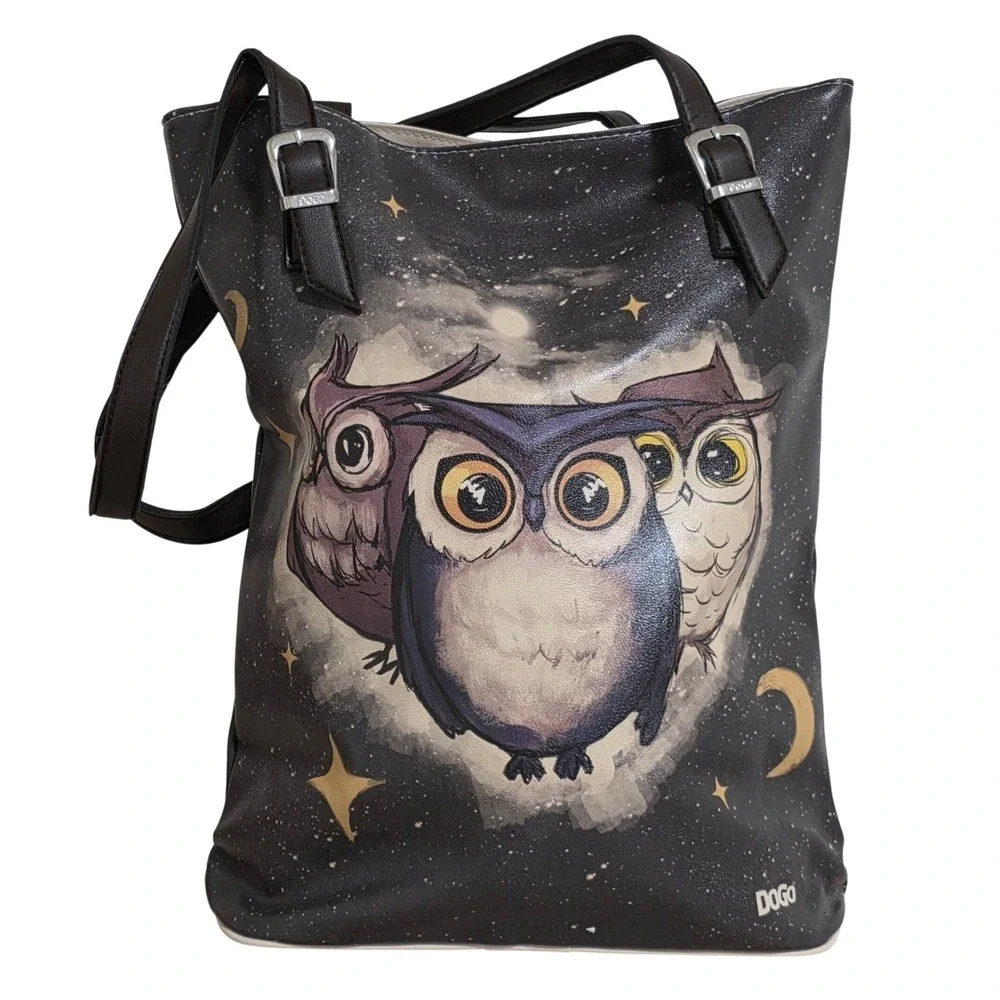 DOGO Owls Family Tote Bag Womens Large Black Starry Night Vegan Leather Graphic